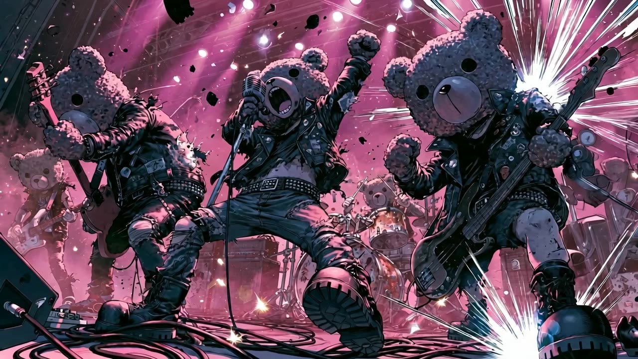 Eclipsion mid-set in teddy bear heads, lit pink